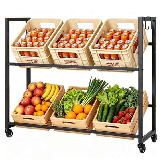 LANKANG Two Tier Rolling Beverage Storage Cart Adjustable Tilt Display Organizer with Side Hooks Mobile Heavy Duty Storage Rack for Pantry Garage Party Use