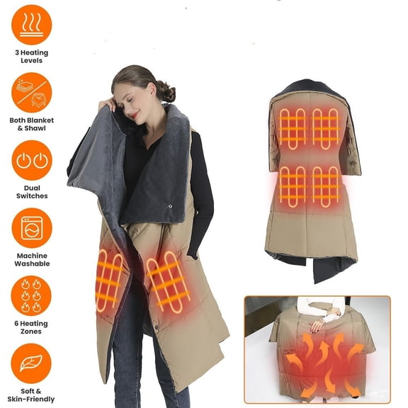 LANKANG USB Heated Shawl Wrap Poncho Blanket 6 Heating Zones Dual Control Switches 3 Heat Settings Zipper Arm Holes Storage Pockets Machine Washable Warm Throw For Home Office Outdoor