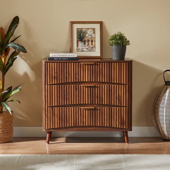 LANKANG Walnut Fluted 3 Drawer Dresser Mid Century Modern Vertical Grooved Storage Cabinet with Metal Handles for Bedroom Living Room