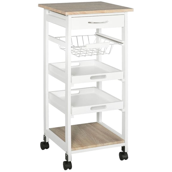LANKANG White Rolling Kitchen Cart with Oak Veneer Top Mobile Storage Trolley Drawer Wire Basket Pull Out Serving Trays 360 Wheels for Small Kitchen Dining Room