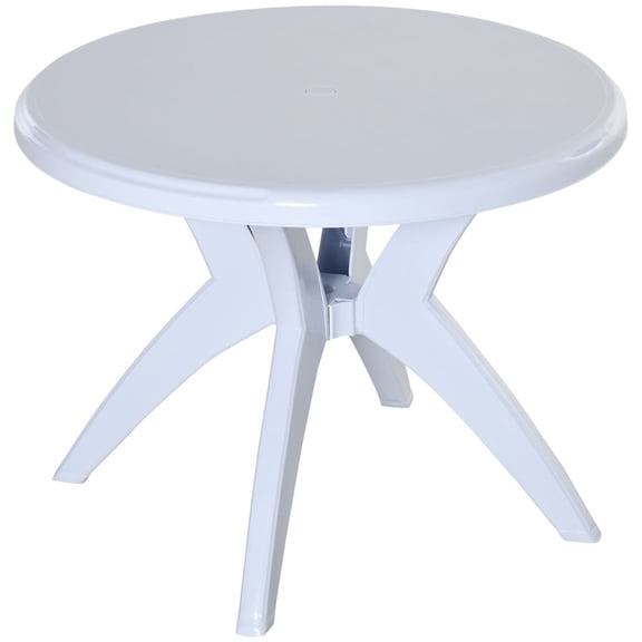 LANKANG White Round Plastic Patio Bistro Dining Table Built In Parasol Umbrella Hole Non Slip Foot Pads Outdoor Garden Lawn Pool Side Table