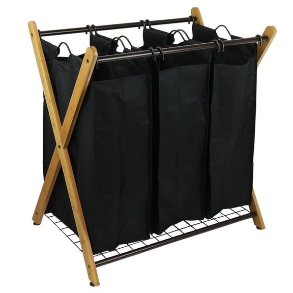 LANKANG X Frame Natural Bamboo Laundry Sorter With 3 Removable Hanging Bags Modern Sorting Station For Clothes Towels Delicates Bedroom Bathroom Storage
