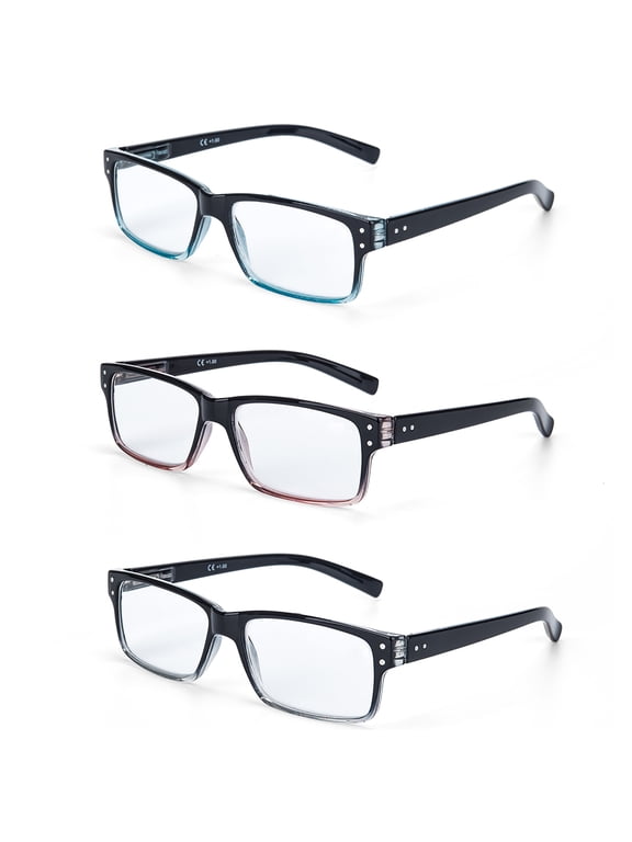3 Pack Reading Glasses for men women with spring hinge, Clear lens, +2.00, 3colors