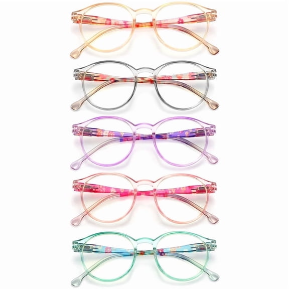 LANLANG 5 Pack Blue light blocking Reading Glasses for Women with Spring Hinge, Round, 5 Colors, PC frame, Lightweight, +2.00