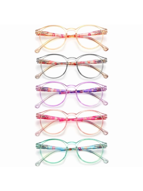 5 Pack Blue light blocking Reading Glasses for Women with Spring Hinge, Round, 5 Colors, PC frame, Lightweight, +3.00