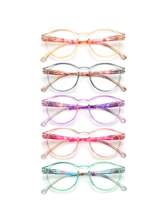 5 Pack Blue light blocking Reading Glasses for Women with Spring Hinge, Round, 5 Colors, PC frame, Lightweight, +3.00