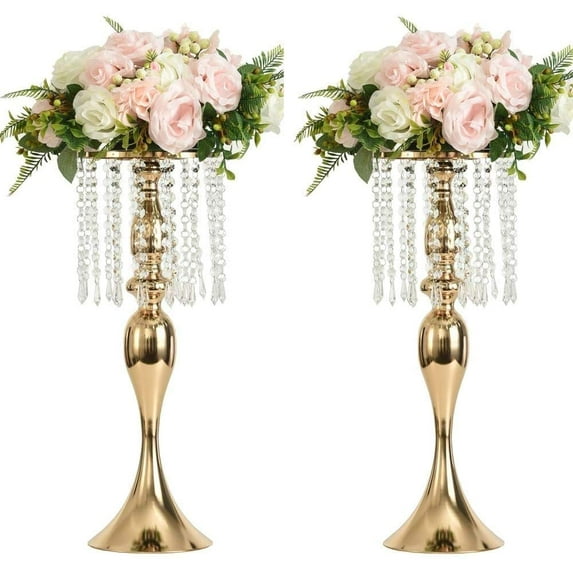 LANLONG 21.3" Tall Acrylic Flower Stand for Wedding Centerpieces Set of 2 Metal Gold Flower Stands Vases with Crystal Wedding Tables Decorations Home Decor Tabletop