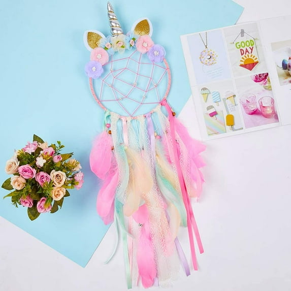 LANMOK Girls Room Decor, Unicorn Wall Dream Catcher with Glowing Stars Decal, Bedroom Unicorns Gifts for Girls, Kids Decor Art