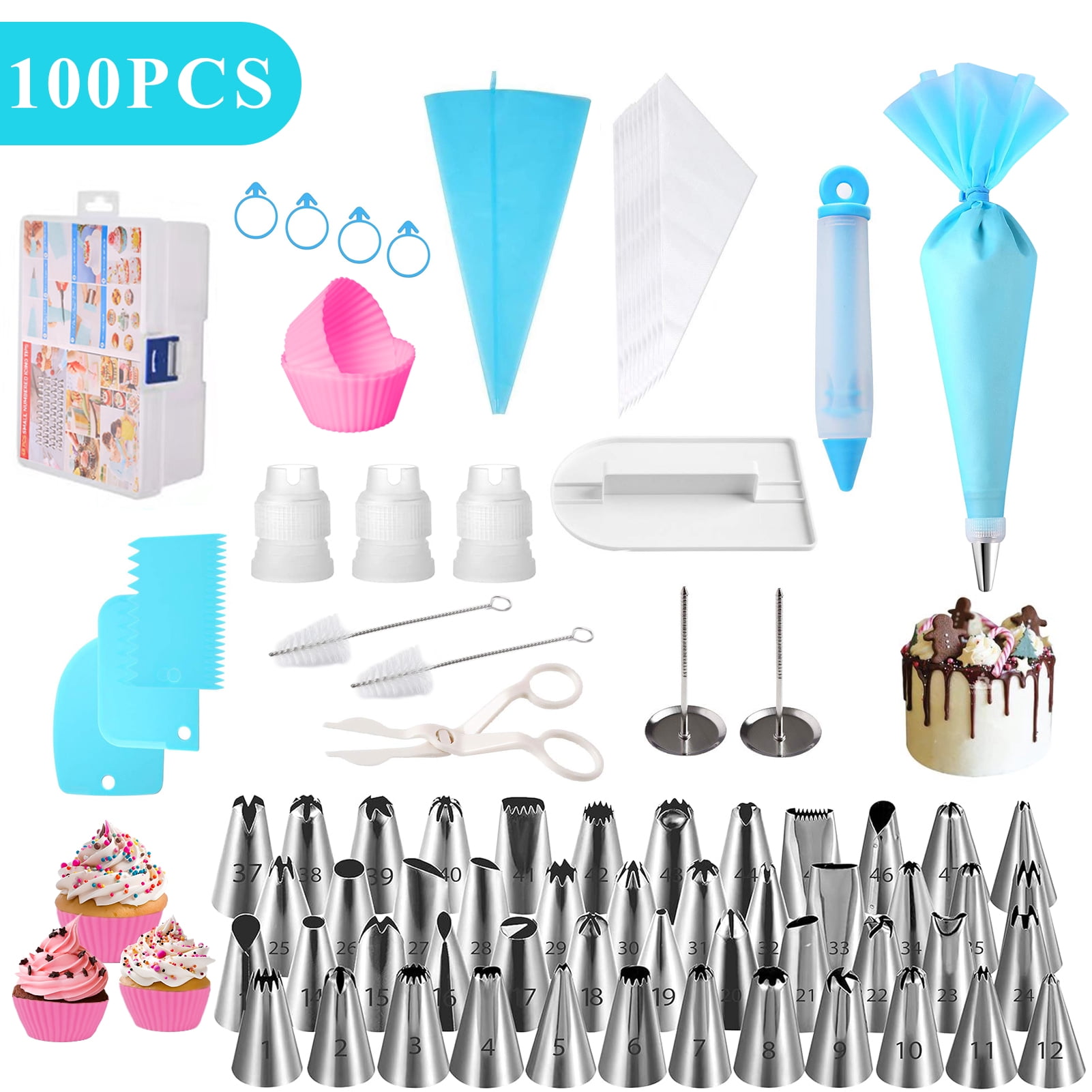 LANNEY Piping Bags and Tips Set 100pcs, 12 Inch Frosting Piping Bags, Cake Decorating Kit with 48 Numbered Icing Tips, Reusable & Disposable Pastry Bags