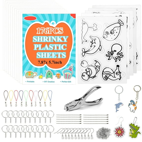 LANNEY 176 Pcs Shrinky Plastic Sheets Keychain Kit, 25 Sheets Heat Shrink Paper, Hole Punch, Lobster Clasps, Open Iron Rings, Key Ring, Ear Hook, Bead Chain, Shrink Art Kit for DIY Creative Craft