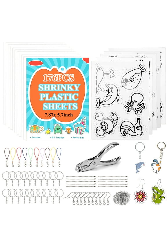 176 Pcs Shrinky Plastic Sheets Keychain Kit, 25 Sheets Heat Shrink Paper, Hole Punch, Lobster Clasps, Open Iron Rings, Key Ring, Ear Hook, Bead Chain, Shrink Art Kit for DIY Creative Craft