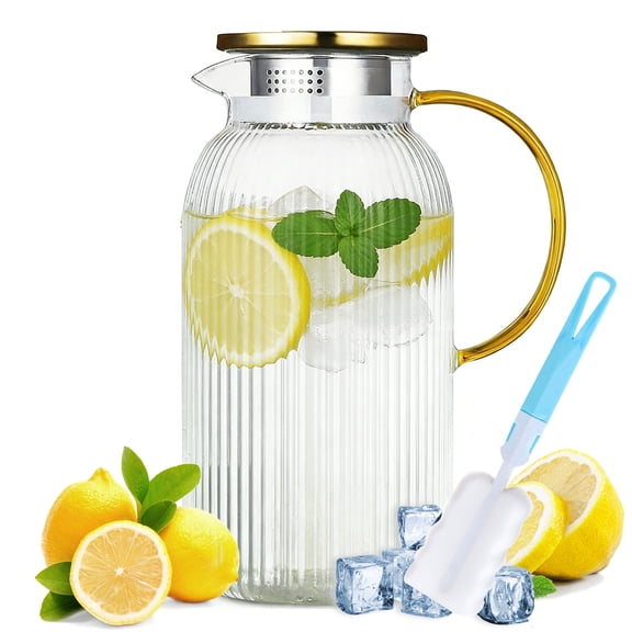 LANNEY 2 Liter 68 oz Glass Pitcher with Lid, Classic Vertical Stripes Water Pitcher with Handle for Fridge, Glass Pitcher for Hot and Cold Beverages, Tea, Juice, Cold Brew Coffee, Milk