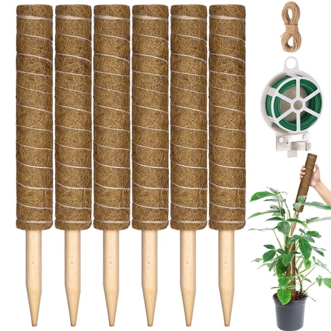 LANNEY 68 Inch Moss Pole for Climbing Plants, 6 Pack 15.6 Inch Coir Totem Pole Plant Support with 65 Feet Garden Twist Tie for Indoor Moss Sticks Monstera to Grow Upwards