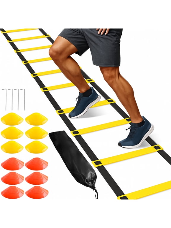 Agility Ladder Speed Training Equipment, 12 Rungs 20ft Adjustable Speed Ladder for soccer, 12 Soccer Cones, 4 Stakes, Football Basketball Training Equipment with Carry Bag for Youth Adults