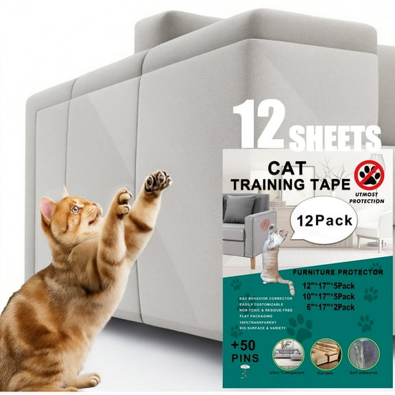LANNEY Anti Cat Scratch Furniture Protector, 12 pack Couch Protector from Cat Claws, Self-Adhesive Deterrent Tape Protectors for Sofa, Walls, Doors