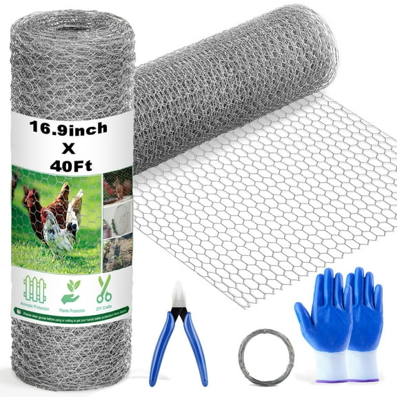 LANNEY Chicken Wire Mesh Roll, 16.9 Inch x 40 Feet Metal Floral Chicken Wire Fencing for Crafts Poultry Garden, 0.6 Inch Hexagonal Galvanized Hardware Cloth for Chicken Rabbit Cage Welding Fencing