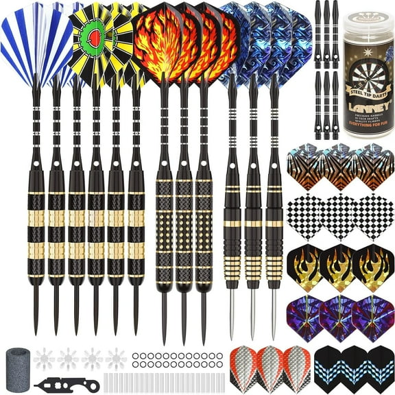LANNEY Darts Metal Tip Set, Steel Tip Darts Set 20 Grams 24 Grams and 26 Grams Professional Darts for Dartboard with Aluminum Shafts, Brass Barrels, Extra Flights, Sharpener Tool Kit, Carrying Case
