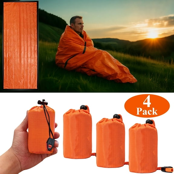 LANNEY Emergency Sleeping Bag 4 Pack, Portable Emergency Blanket Survival Gear and Supplies Bivy Sack with Whistles Waterproof Lightweight Thermal Mylar Sleeping Bag for Outdoor Camping Hiking