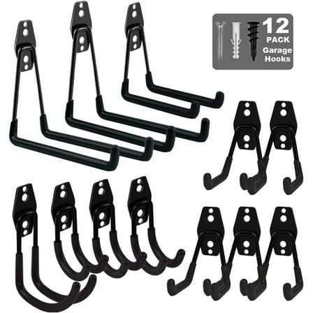 LANNEY Garage Hooks Anti-Slip, Easy Installation Garage Storage Hooks Hangers Wall Mount Utility Hooks for Bikes, Tools and Ladders, Black 12 Pack