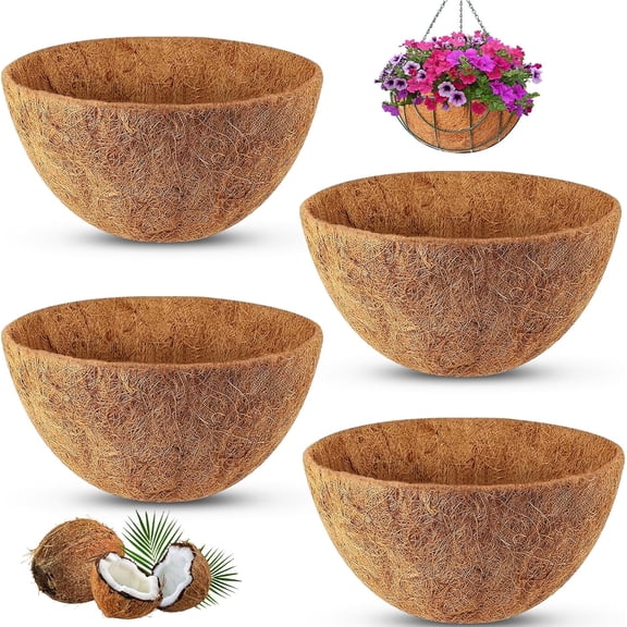 LANNEY Hanging Basket Coco Liners, Coconut Planter Basket Liners 4 Packs 12 Inch 100% Natural Round Coco Fiber Replacement Liner for Hanging Basket Plants Outdoor Garden Flower Pot Vegetables