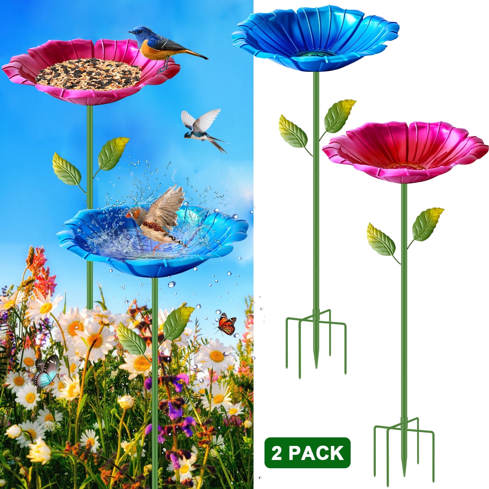 LANNEY Metal Bird Baths for Patio Outdoors, 31.5 Inch Height Large Birdbath Birdfeeder with Metal Stake Stand and 5-Prong Base Detachable Freestanding Bird Bath for Garden Yard Lawn Backyard Decor