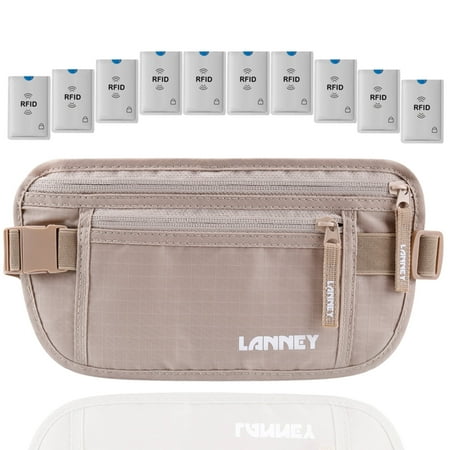 LANNEY Money Belt for Travel, RFID Blocking Travel Wallet Slim Hidden Passport Holder Travel Pouch for Women Men with 10 RFID Sleeves