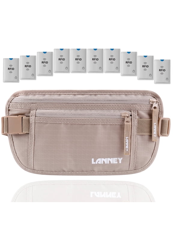 Money Belt for Travel, RFID Blocking Travel Wallet Slim Hidden Passport Holder Travel Pouch for Women Men with 10 RFID Sleeves