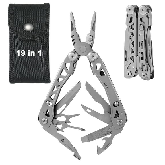 LANNEY Multitool with Protective Sheath, 19-in-1 Stainless Steel Self-locking Multi Tool with Pocket Knife and Pliers for Men, Ideal for Survival, Camping, Hiking, Simple Repairs