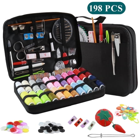 LANNEY Sewing Kit for Adults Beginner, 198 Pcs Portable Basic Sewing Supplies Accessories with Case, Newly Upgraded Large Needle and Thread Kit for Home Travel Emergency, Black