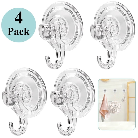 LANNEY Suction Cup Hooks 4 Pack, Clear Shower Suction Hooks Waterproof Removable Heavy Duty Suction Cups Wreath Hangers for Window, Bathroom, Shower Wall, Tile, Glass Door, Camper, Kitchen