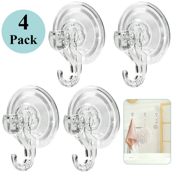 LANNEY Suction Cup Hooks 4 Pack, Clear Shower Suction Hooks Waterproof Removable Heavy Duty Suction Cups Wreath Hangers for Window, Bathroom, Shower Wall, Tile, Glass Door, Camper, Kitchen