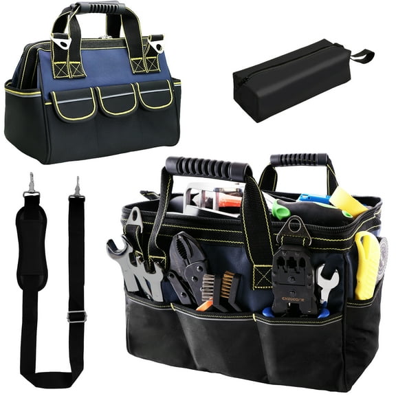 LANNEY Tool Bag 17 Inch with 1 Pouch, Heavy Duty Wide Mouth Tool Organizer Tote with Multiple Pockets, Adjustable Shoulder Strap, and Waterproof Hard Base for Men, Mechanic, Home and Work Use
