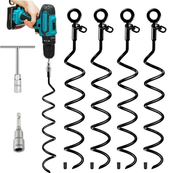 LANNEY Trampoline Stakes Ground Anchors Screw in, 15.5 Inch 4 Pack Heavy Duty Swing Set Anchor Kit for High Winds, Spiral Metal Anchor with Swivel Ring for Dog Sheds Tent Carports Camping