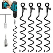 LANNEY Trampoline Stakes Ground Anchors Screw in, 15.5 Inch 4 Pack Heavy Duty Swing Set Anchor Kit for High Winds, Spiral Metal Anchor with Swivel Ring for Dog Sheds Tent Carports Camping