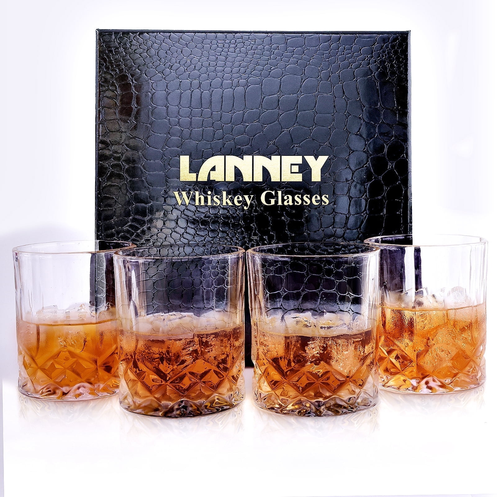 LANNEY Whiskey Glasses Set of 4, 11 OZ Rocks Glasses for Men, Crystal Old Fashioned Whiskey Glass for Drinking Scotch Bourbon Cocktail Cognac Vodka Rum Liquor, Perfect Gift for Father's Day Home Bar