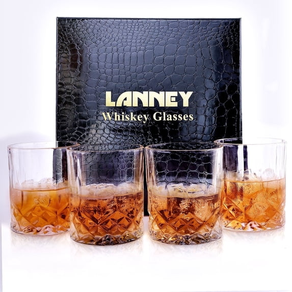 LANNEY Whiskey Glasses Set of 4, 11 OZ Rocks Glasses for Men, Crystal Old Fashioned Whiskey Glass for Drinking Scotch Bourbon Cocktail Cognac Vodka Rum Liquor, Perfect Gift for Father's Day Home Bar