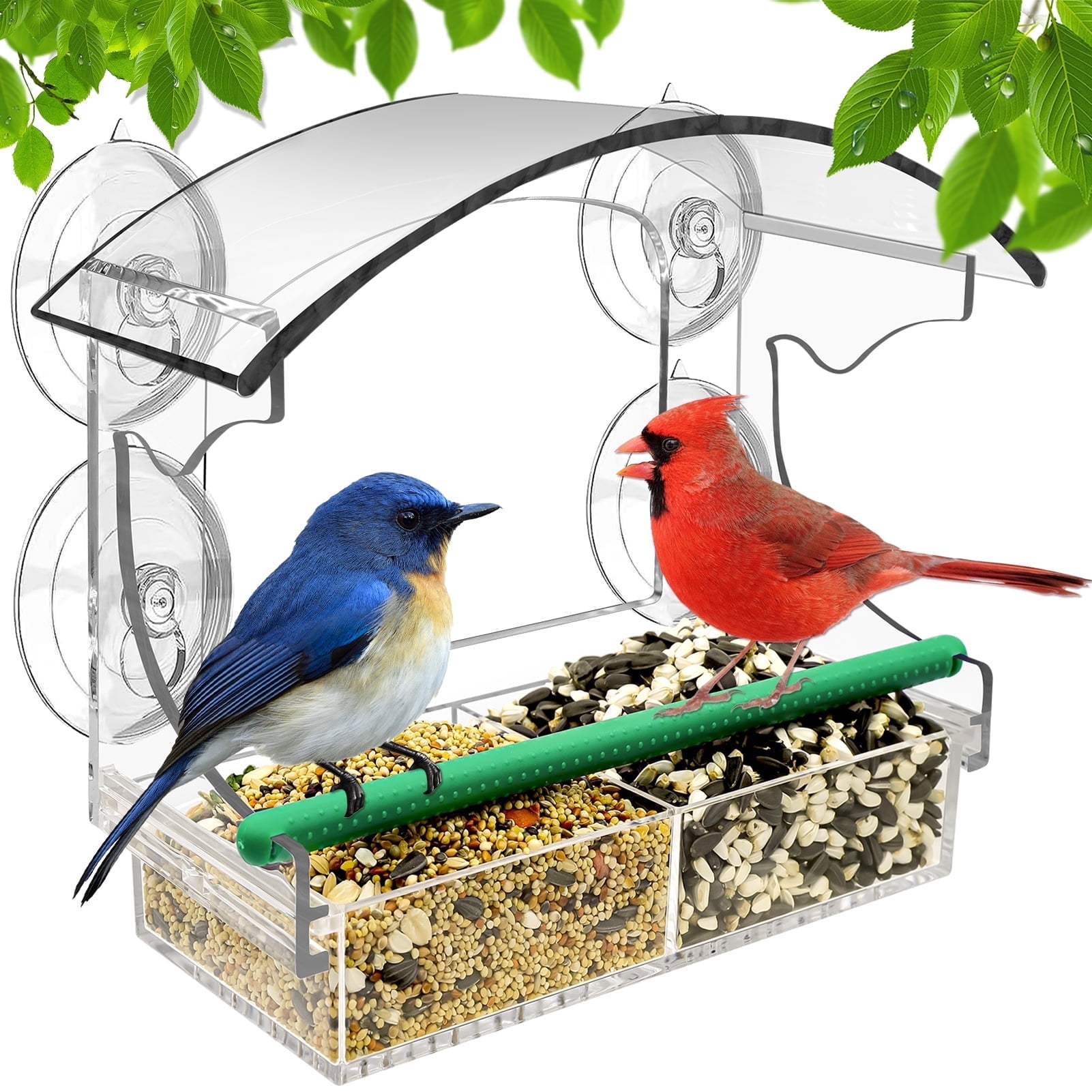 LANNEY Window Bird Feeder with Suction Cups for Viewing, Acrylic Clear Bird Feeder for Window Removable Seed Tray with Drain Holes