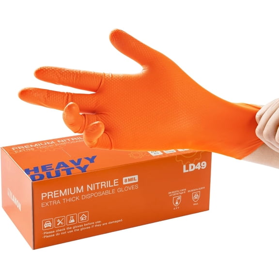 LANON 8mil Orange Disposable Nitrile Gloves, Mechanic, Heavy Duty, Food Safe, Latex Free, Powder Free, Fully-Diamond Textured, Large