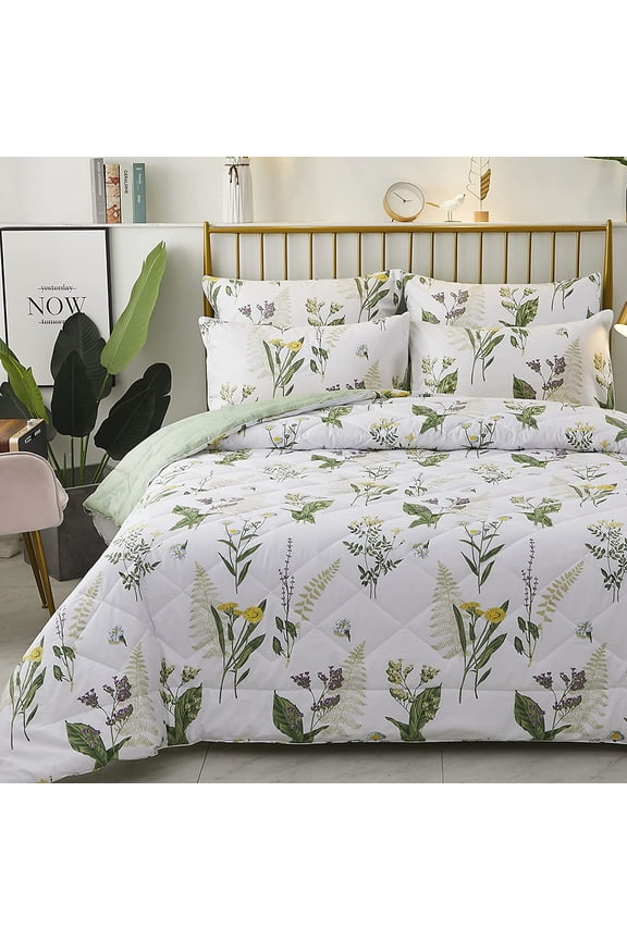 Daisy Floral Comforter Set, Queen Size Cotton Fabric Lightweight Summer Quilt Printed Bedding Microfiber Filled Soft Daisy Botanical Green Leaves Down Reversible Bedding 3 Pcs