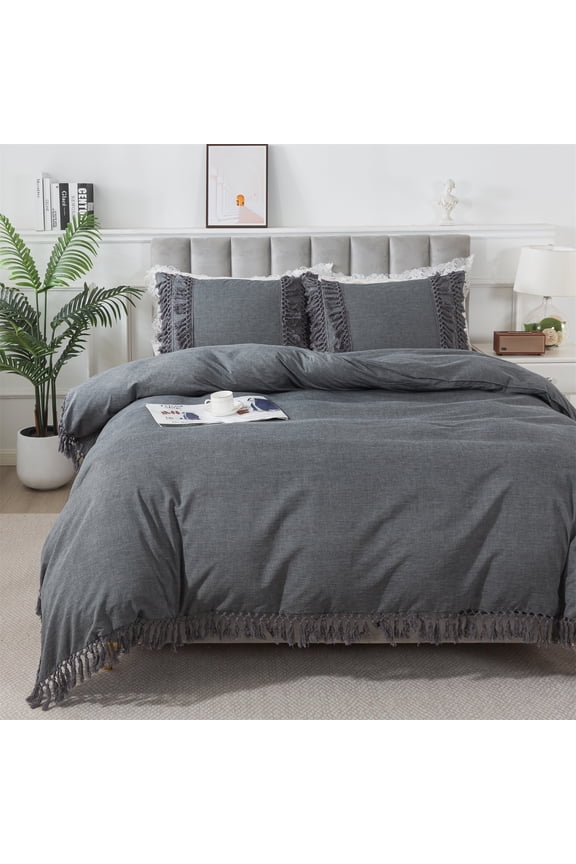Duvet Cover Set, Grey Tassel Fringe Duvet Cover Set Queen, 3-Piece Bohemian Bedding Set 100% Washed Cotton with Zipper Close & Corner Ties