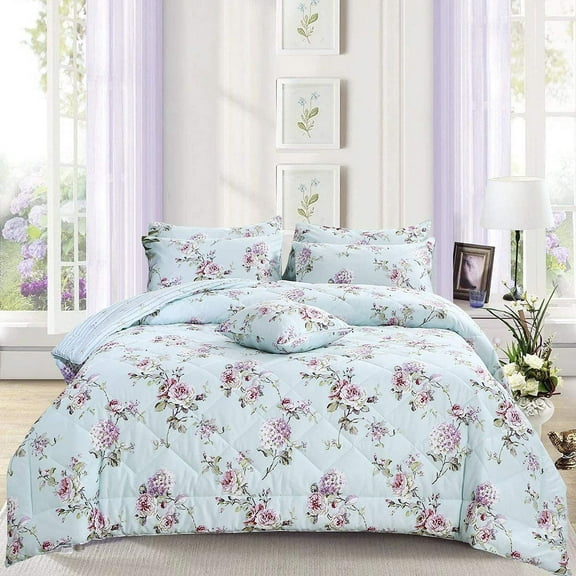 LANPEI Floral Comforter Set Twin Size 3 Pcs All Season Reversible Down Alternative Duvet Insert Lightweight 100% Cotton Fabric Microfiber Blue Hydrangea Peony Printed Farmhouse Quilt 2 Pillowcases