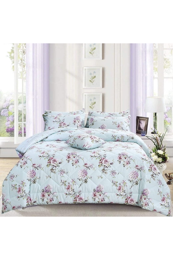 Floral Comforter Set Twin Size 3 Pcs All Season Reversible Down Alternative Duvet Insert Lightweight 100% Cotton Fabric Microfiber Blue Hydrangea Peony Printed Farmhouse Quilt 2 Pillowcases