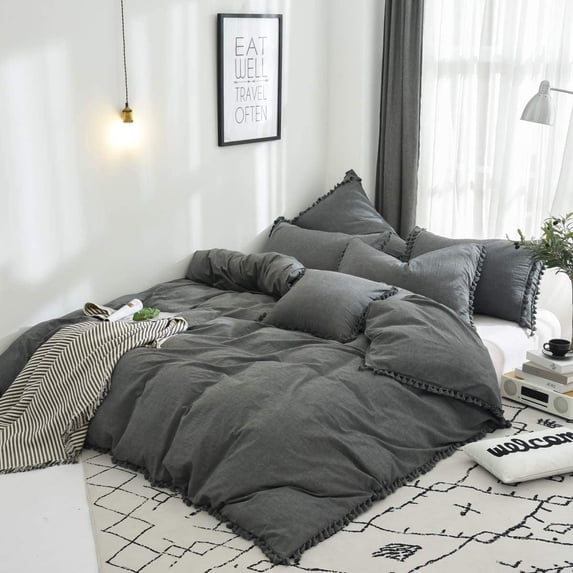 LANPEI Grey Tassel Fringe Duvet Cover King 3 Pcs Bohemian Duvet Covers Grey Tassel and Ruffle Girls Bedding Princess 100% Washed Cotton with Zipper Close & Corner Ties