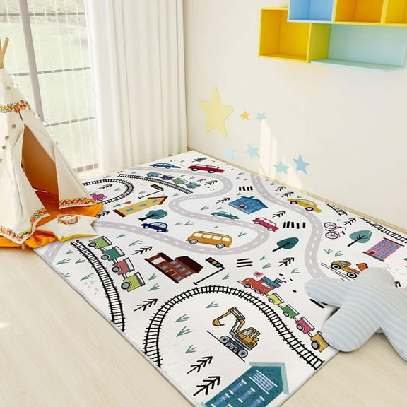 LANPEI Kids Bedroom Carpet 4x6Ft Soft Play Mat Cute Large Car Rug for Boys Girls Town Rug for Playroom Road Map Educational Area Rug for Kids Bedroom Nonslip Classroom Rug
