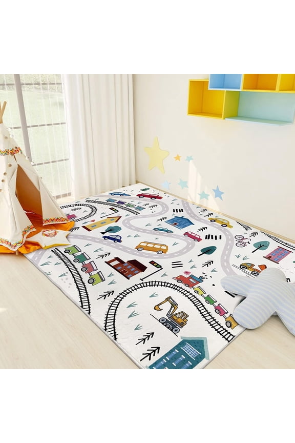 Kids Bedroom Carpet 4x6Ft Soft Play Mat Cute Large Car Rug for Boys Girls Town Rug for Playroom Road Map Educational Area Rug for Kids Bedroom Nonslip Classroom Rug