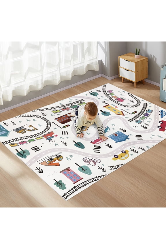 Kids Carpet 5Ft Play Mat Cute Car Rug for Boys Girls Town Rug for Playroom Road Map Educational Area Rug for Kids Bedroom Nonslip Classroom Rug 3.3’x5’, White