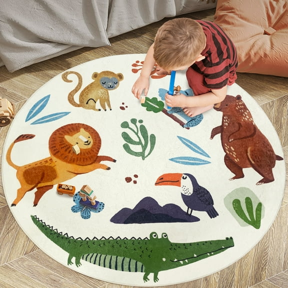 LANPEI Kids Play Mat 4Ft Round Jungle Rug Circle Animal Rug Carpet Zoo Bedroom Rug for Kids Boys Girls Nursery Decor Soft Playroom Crawling Rug Floor Mat Bedside Rug for Kids Room Bedroom