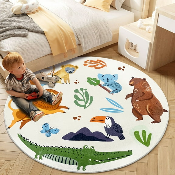 LANPEI Kids Play Mat 5Ft Round Jungle Rug Circle Animal Rug Carpet Round Zoo Bedroom Rug for Kids Boys Girls Nursery Decor Soft Playroom Crawling Rug Floor Mat Bedside Rug for Kids Room