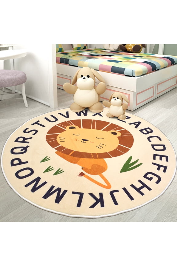 Kids Play Mat Rug Carpet 4Ft Round Lion Area Rug Cartoon ABC Kids Rug Crawling Cushion for Boys Girls Plush Nursery Rug for Children Washable Floor Carpet for Kids Room, Sleeping
