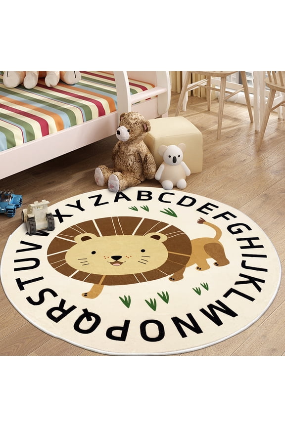 Kids Rug Lion Jungle Animal Play Mat 4Ft Round ABC Alphabet Area Rug Circle Boys Girls Bedroom Rug Floor Carpet Playroom Rug Nonslip Crawling Nursery Rug for Children Room, Waking
